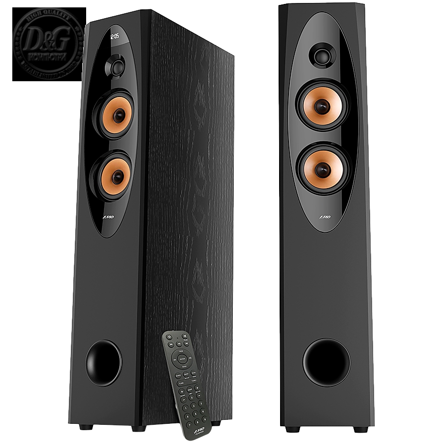 F&D T-60X PRO 2.0 Floorstanding Speakers, 120W RMS ( 60Wx2), 1'' Tweeter + 4'' Speakers x2 + 8'' Subwoofer for each channel, BT 5.3/Optical/COAXIAL/AUX/USB/FM/Karaoke function/LED Display/Remote control/Microphone/Wooden, Touch buttons, Black