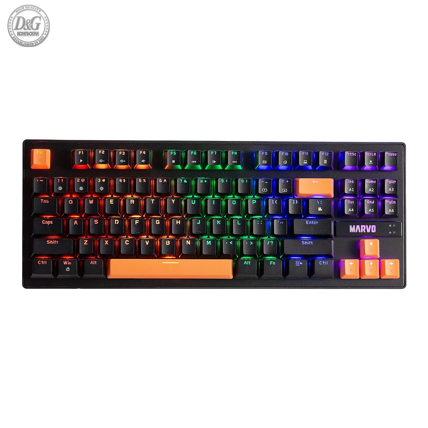 Marvo механична геймърска клавиатура Gaming Mechanical keyboard 87 keys, Orange caps TKL - KG901C