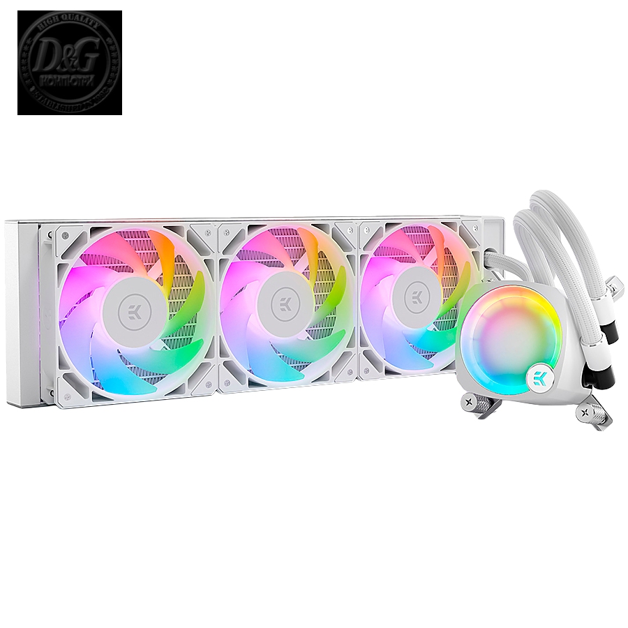 EK-Nucleus AIO CR360 Lux D-RGB - White, 3x EK-FPT FAN 120 D-RGB PWM fans, Rotatable ARGB Pump Top, Intel Sockets LGA: 1150, 1151, 1155, 1156, 1200, 1700, 2011, 2011-3, 2066, AMD Sockets: AM4, AM5, 5 Year Warranty