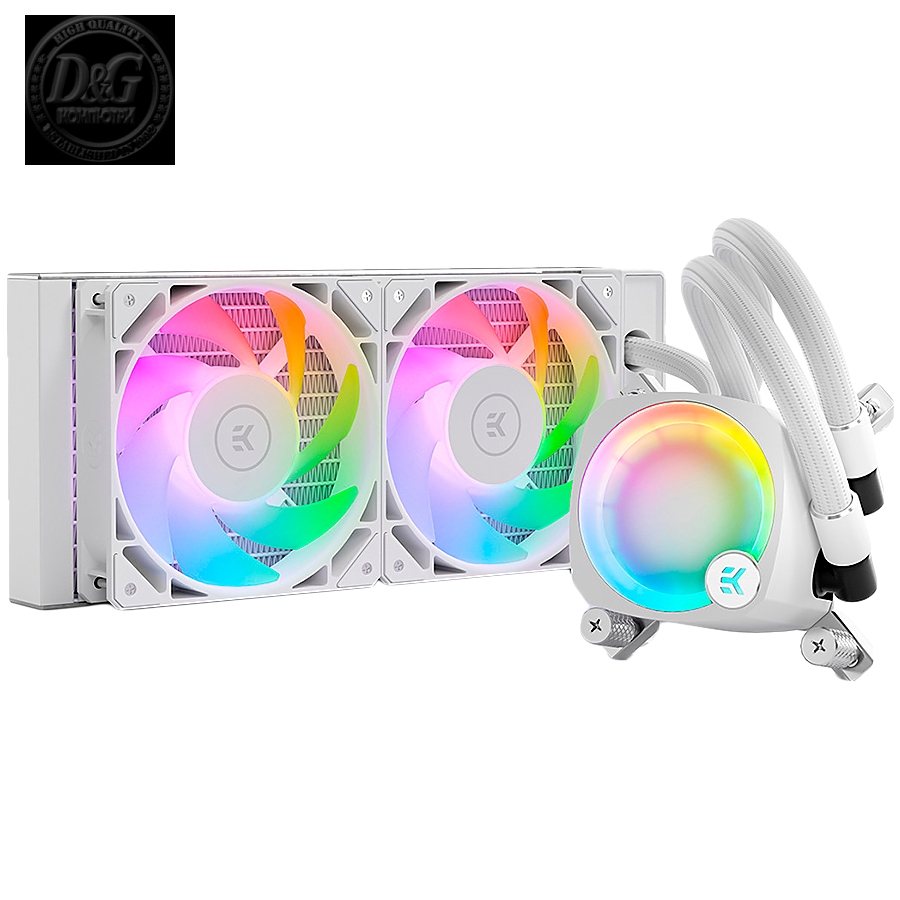 EK-Nucleus AIO CR240 Lux D-RGB - White, 2x EK-FPT FAN 120 D-RGB PWM fans, Rotatable ARGB Pump Top, Intel Sockets LGA: 1150, 1151, 1155, 1156, 1200, 1700, 2011, 2011-3, 2066, AMD Sockets: AM4, AM5, 5 Year Warranty