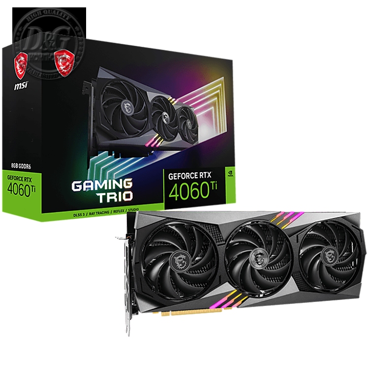 MSI Video Card Nvidia GeForce RTX 4060 Ti GAMING X TRIO 8G, 8GB GDDR6X, 128-bit, 2670 MHz Boost, 4352 CUDA Cores, PCIe 4.0, 3x DP 1.4a, HDMI 2.1a, RAY TRACING, Triple Fan, 550W Recommended PSU, 3Y