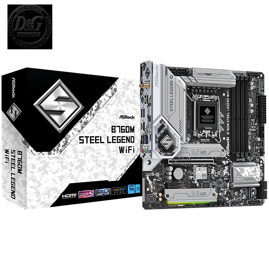 ASROCK MB Desktop B760M Steel Legend (S1700, 4x DDR5, 1x PCIe 5.0 x16, 1x PCIe 4.0 x16, 3x Hyper M.2 PCIe Gen4x4, 4x SATA3, 2x USB-C, 9x USB 3.2, 6x USB 2.0, 1xRJ-45 2.5GB, Wi-Fi 6E, BT 5.3, 1x HDMI, 1x DP, micro ATX