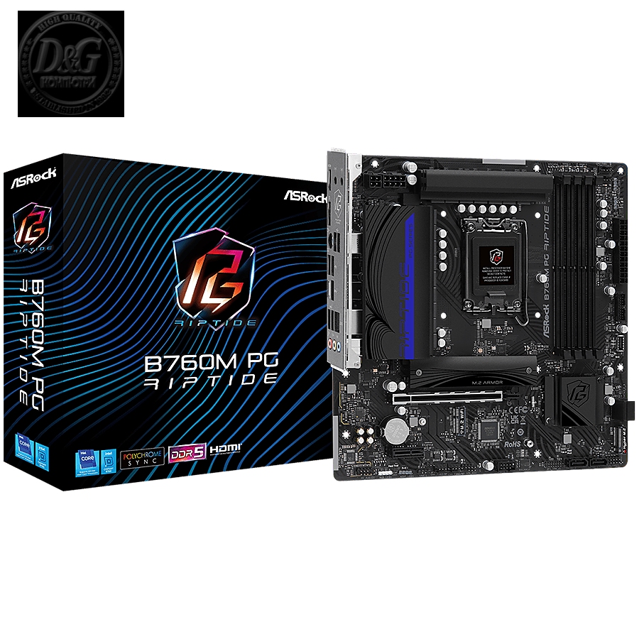 ASROCK MB Desktop B760M PG RIPTIDE (S1700, 4x DDR5, 1x PCIe 4.0 x16, 1x PCIe 4.0 x1, 1x M.2 Key E for Wi-Fi, 1x M.2 Hyper Gen4x4, 4x SATA3, 2x USB-C, 5x USB 3.2, 6x USB 2.0, 1xRJ-45 2.5 Gbit, 1x HDMI, 1x DP, mATX