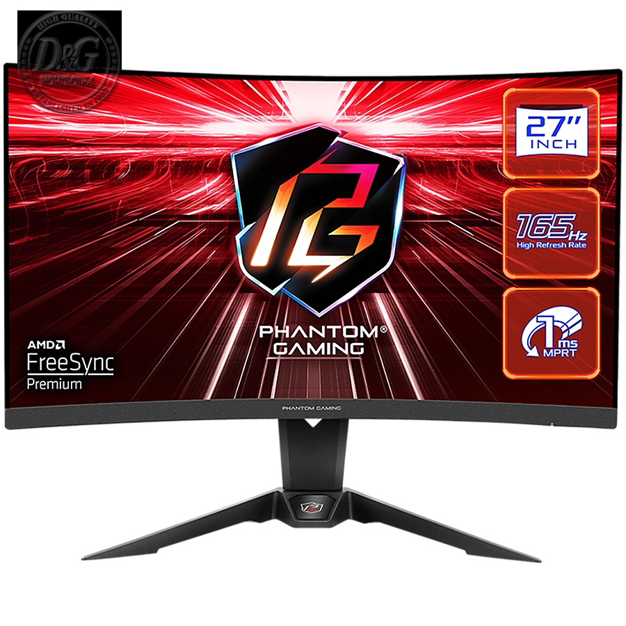 Asrock Curved Gaming Monitor, 27" QHD(2560x1440) 1500R VA, AG, 165 Hz, 110% sRGB, 4000:1, 550 cd/mВІ, 178Вє/178Вє, 1ms (MPRT), Flicker-free, Hight, Swivel, Tilt Adjustment 2x 2W Speakers, 2x HDMI, 1x DP, 1x Audio, Wi-Fi Antenna, 3Y