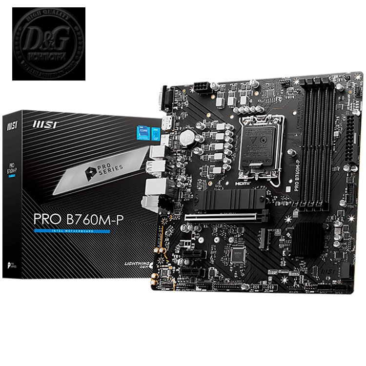 MSI PRO B760M-P, mATX, LGA 1700, Dual Channel DDR5 6800, 1x PCIe x16 slots, 2x M.2 slots, 1x HDMI, 1x DP, 1x VGA, 1x USB 3.2 Gen 2 Type-C, 1x USB 3.2 Gen 1, 4x USB 2.0, 7.1 HD Audio, 1Gbps LAN, 3Y