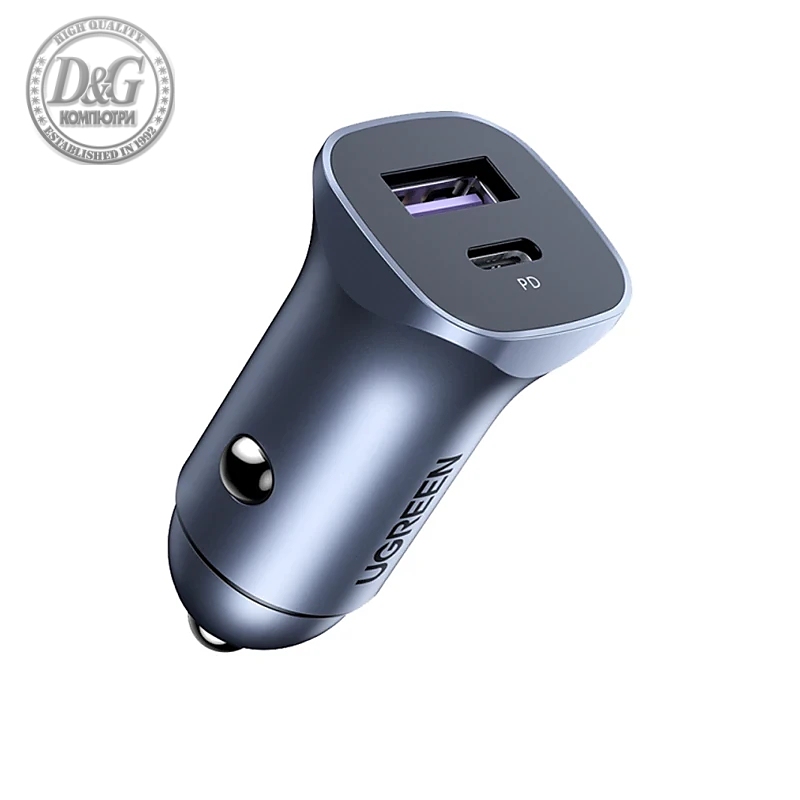 Ugreen зарядно за кола Fast Charger Car - Type-C + USB QC3.0, Power Distribution 30W CD130 - 40858