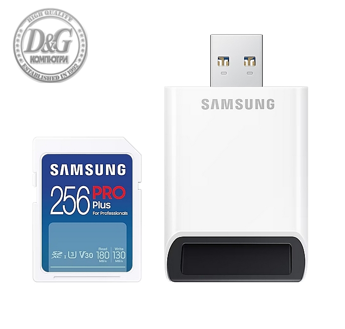 Samsung 256GB SD PRO Plus + USB Reader, Class10, Read 180MB/s - Write 130MB/s