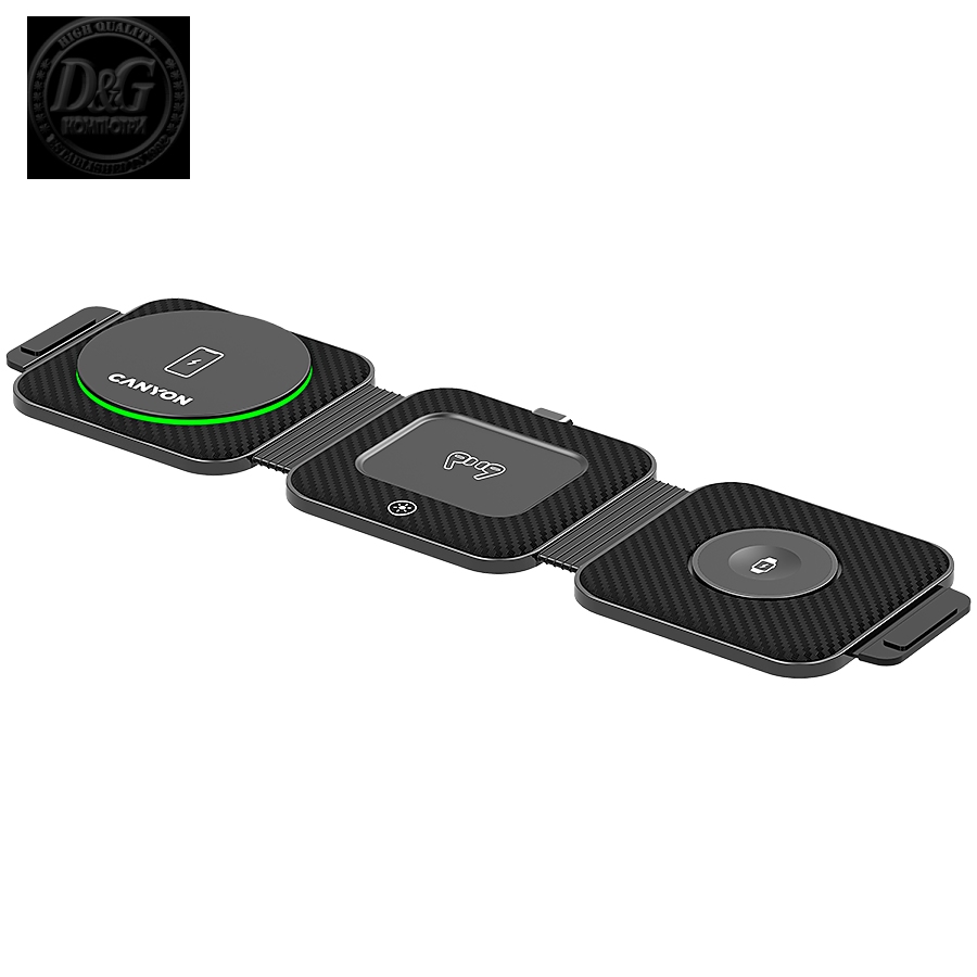 CANYON WS-305, Foldable 3in1 Wireless charger with case, touch button for Running water light, Input 9V/2A,  12V/1.5AOutput 15W/10W/7.5W/5W, Type c to USB-A cable length 1.2m, with charger QC 18W EU plug, Fold size: 97.8*72.4*25.2mm. Unfold size: 272*72.3