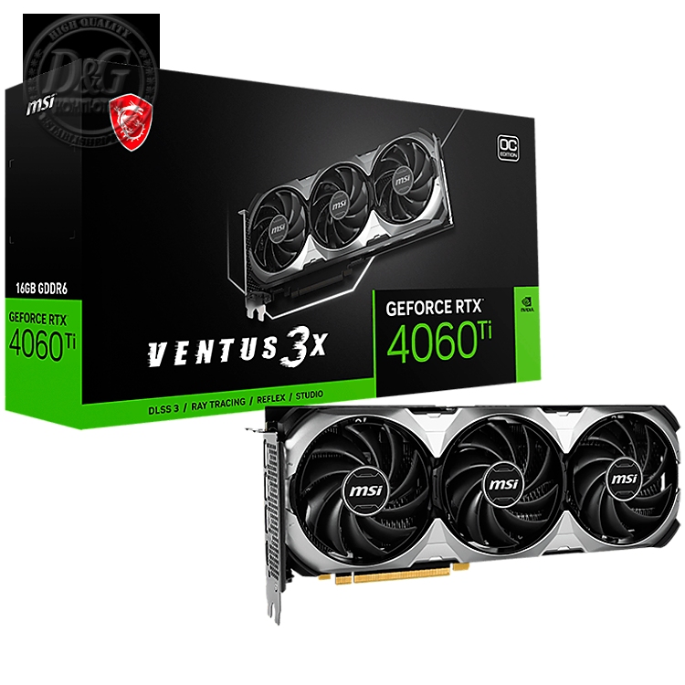 MSI Video Card NVidia GeForce RTX 4060 TI VENTUS 3X 16G OC, 16GB GDDR6X, 128-bit, 2625 MHz Boost, 4352 CUDA Cores, PCIe 4.0, 3x DP 1.4a, HDMI 2.1a, RAY TRACING, Triple Fan, 550W Recommended PSU, 3Y