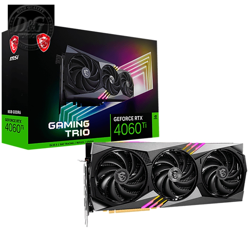 MSI Video Card Nvidia GeForce RTX 4060 Ti GAMING TRIO 8G, 8GB GDDR6, 128bit, Effective Memory Clock: 18000MHz, Boost: 2535 MHz, 4352 CUDA Cores, PCIe 4.0, 3x DP 1.4a, HDMI 2.1a, RAY TRACING, Dual Fan, 1x 8pin, 550W Recommended PSU, 3Y