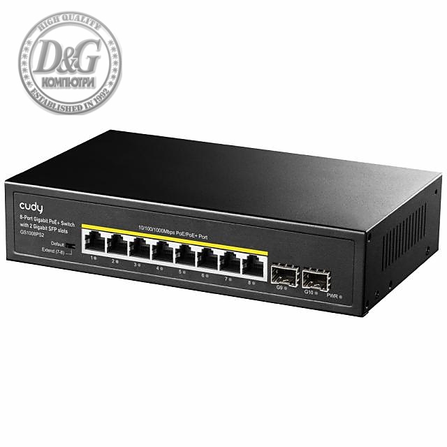 Суич Cudy GS1008PS2, L2, 8 x Gigabit Ethernet PoE ports, 2 x SFP, 128MB RAM