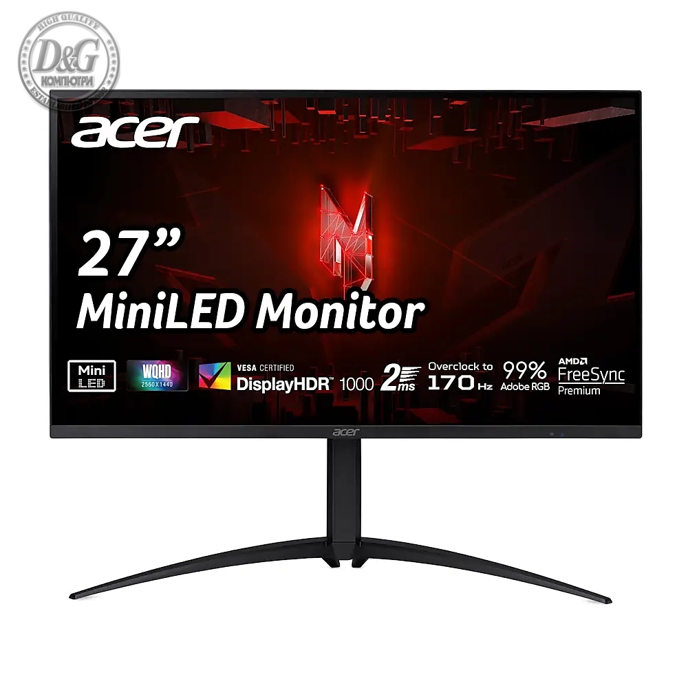 Acer Nitro XV275UP3biiprx, 27" VA, Anti-Glare, QHD Mini Led 2560x1440, 99% AdobeRGB, ZeroFrame, FreeSync Premium, up to 170Hz, 1ms, 100M:1, 600 up to 1000 cd/m2, 1xDP, 2xHDMI, Audio out, VESA, Tilt, Swivel, Hgt Adj, Pivot, Acer Display Widget, Black