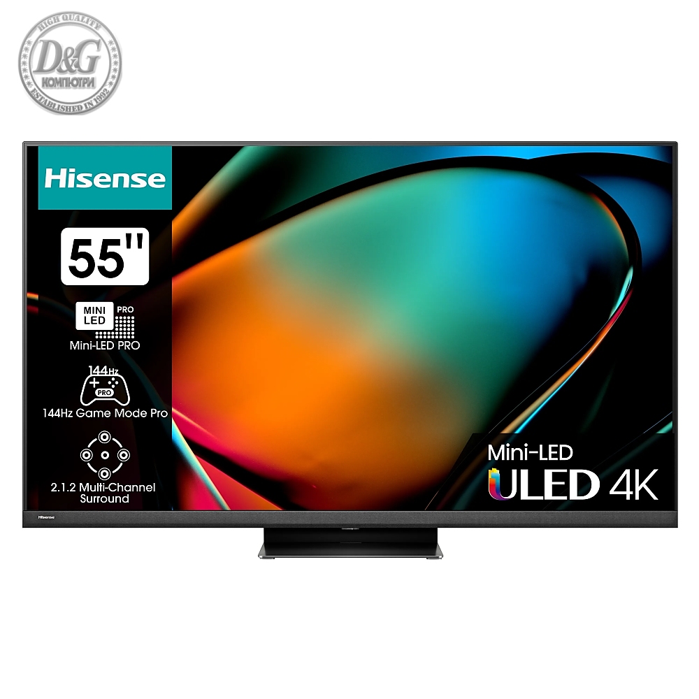 Hisense 55" U8KQ, 4K Ultra HD 3840x2160, ULED Pro, FALD, Quantum Dot, 144Hz, IPS, HDR 10+, HLG, Dolby Vision IQ, Dolby Atmos, Smart TV, WiFi 5GHz, WiFi Direct, BT, Anyview Cast, 4xHDMI, 2xUSB, LAN, CI+, DVB-T2/C/S2, Black