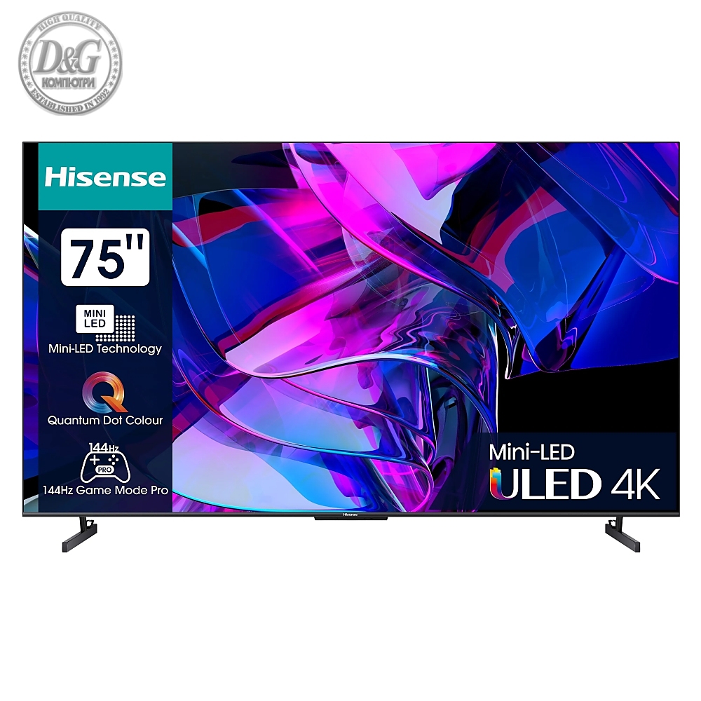 Hisense 75" U7KQ, 4K Ultra HD 3840x2160, ULED, FALD, Quantum Dot, 144Hz, IPS, HDR 10+, HLG, Dolby Vision IQ, Dolby Atmos, Smart TV, WiFi 5GHz, WiFi Direct, BT, Anyview Cast, 4xHDMI, 2xUSB, LAN, CI+, DVB-T2/C/S2, Black