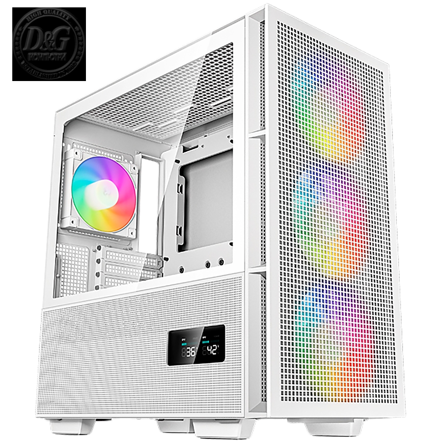 DeepCool CH560 Digital WH, Mid Tower, Mini-ITX/Micro-ATX/ATX/E-ATX, 1xUSB3.0, 1xType-C, 1xAudio, 3x140mm+1x120mm Pre-Installed ARGB Fans, Hybrid Tempered Glass And Mesh Side Panel, Dual-Status Digital Display, GPU Support Arm, Mesh Front Panel, White