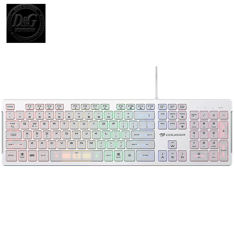 COUGAR Vantar S White, Gaming Keyboard, Flat Caps With Scissor-Switch, 19-Key Rollover, Eight Backlight Effects, Anti-Ghosting Technology, Adjustable Stand, Dimensions: 446.5 x 128 x 16.3 mm