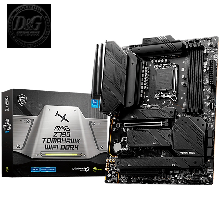 MSI MAG Z790 TOMAHAWK WIFI DDR4, ATX, Socket LGA 1700, Dual Channel DDR4 5333+(OC)MHz, 2x PCIe x16 slots, 4x M.2 slots, 1x HDMI, 1x DP, 2x USB 3.2 Gen1, 1x USB 3.2 Gen2, 4x USB 2.0, Type-C, 7.1 HD Audio, 2.5Gbps LAN