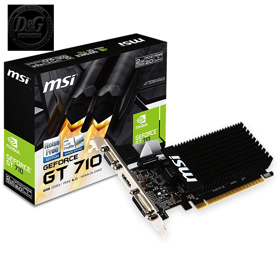 MSI NVIDIA GeForce GT 710, 2048MB DDR3, 64-bit, 12.8 GB/s, 1600 Mbps Effective Memory Speed, 954 MHz Clock, PCI Express 2.0, HDMI 1.4, Dual-link DVI-D, D-Sub, 300W Recommended PSU