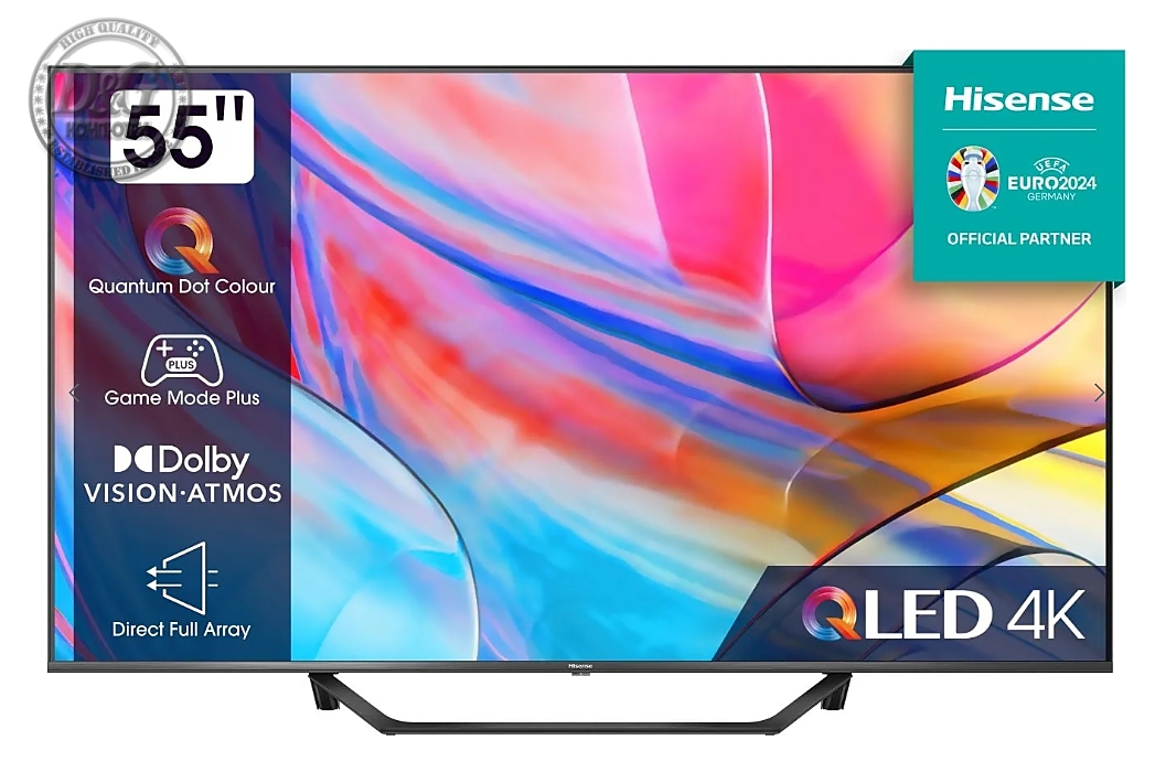 Hisense 55" A7KQ, 4K Ultra HD 3840x2160, QLED, FALD, Quantum Dot, HDR 10+, HLG, Dolby Vision, Dolby Atmos, Smart TV, WiFi 5GHz, WiFi Direct, BT, Anyview Cast, 3xHDMI, 2xUSB, LAN, CI+, DVB-T2/C/S2, Dark Grey