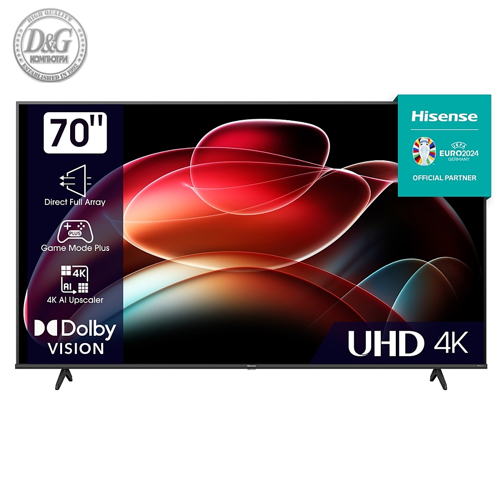 Hisense 70" A6K, 4K Ultra HD 3840x2160, DLED, DFA, Precision Colour, HDR 10+, HLG, Dolby Vision, DTS Virtual X, Smart TV, WiFi, BT, AnyView Cast, Gaming Mode, 1xHDMI2 eArc, 2xHDMI, 2xUSB, LAN, CI+, DVB-T2/C/S2, Black