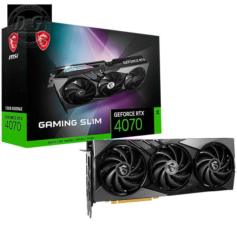 MSI Video Card Nvidia GeForce RTX 4070 GAMING SLIM 12G, 12GB GDDR6X, 192bit, Boost: 2490 MHz, 5888 CUDA Cores, PCIe 4.0, 3x DP 1.4a, HDMI 2.1a, RAY TRACING, Triple Fan, 1x 16pin, 650W Recommended PSU, 3Y