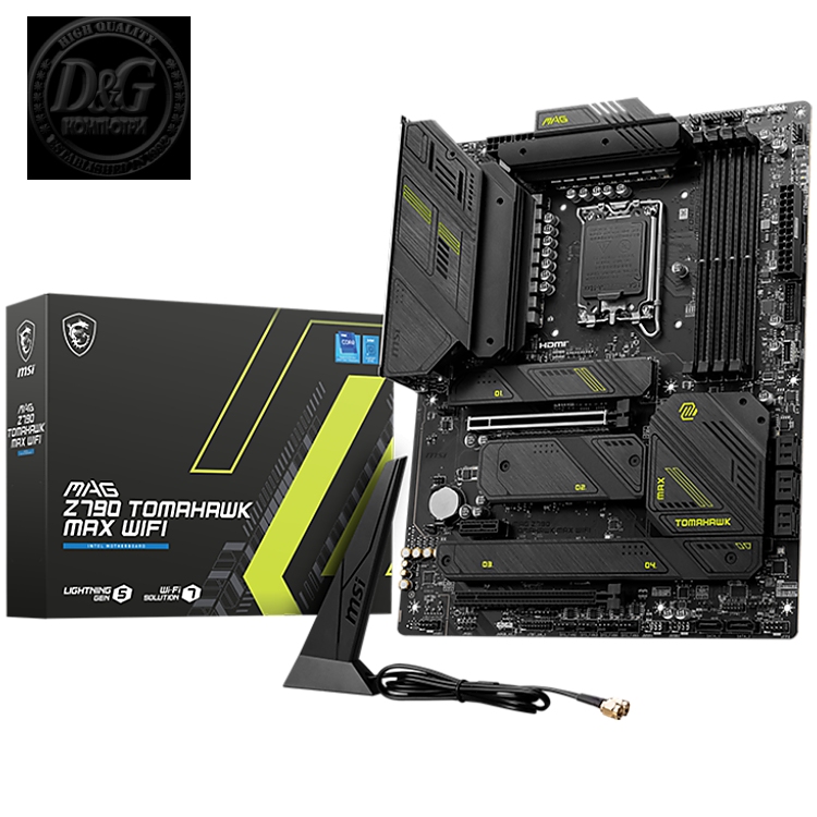 MSI MAG Z790 TOMAHAWK MAX WIFI, ATX, Socket LGA 1700, Dual Channel DDR5 7800+(OC)MHz, 2x PCIe x16 slots, 4x M.2 slots, 1x HDMI, 1x DP, 2x USB 3.2 Gen1, 1x USB 3.2 Gen2, 4x USB 2.0, Type-C, 7.1 HD Audio, 2.5Gbps LAN