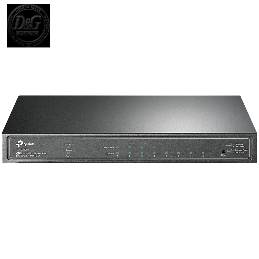 JetStream 8-Port Gigabit Smart Switch with 4-Port PoE+PORT: 4Г— Gigabit PoE+ PortsSPEC: 802.3at/af, 62 W PoE Power, Desktop Steel CaseFEATURE: Integration with Omada SDN Controller, 802.1Q VLAN, STP/RSTP/MSTP, IGMP Snooping, 802.1p/DSCP QoS, etc.