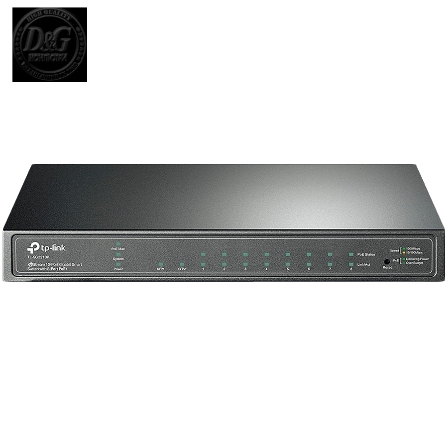 JetStream 8-Port Gigabit Smart PoE+ Switch with 2 SFP SlotsPORT: 8Г— Gigabit PoE Ports, 2Г— Gigabit SFP SlotsSPEC: 802.3af/at, 58 W PoE Power, Desktop Steel CaseFEATURE: Integration with Omada SDN Controller, 802.1Q VLAN, STP/RSTP/MSTP, etc.