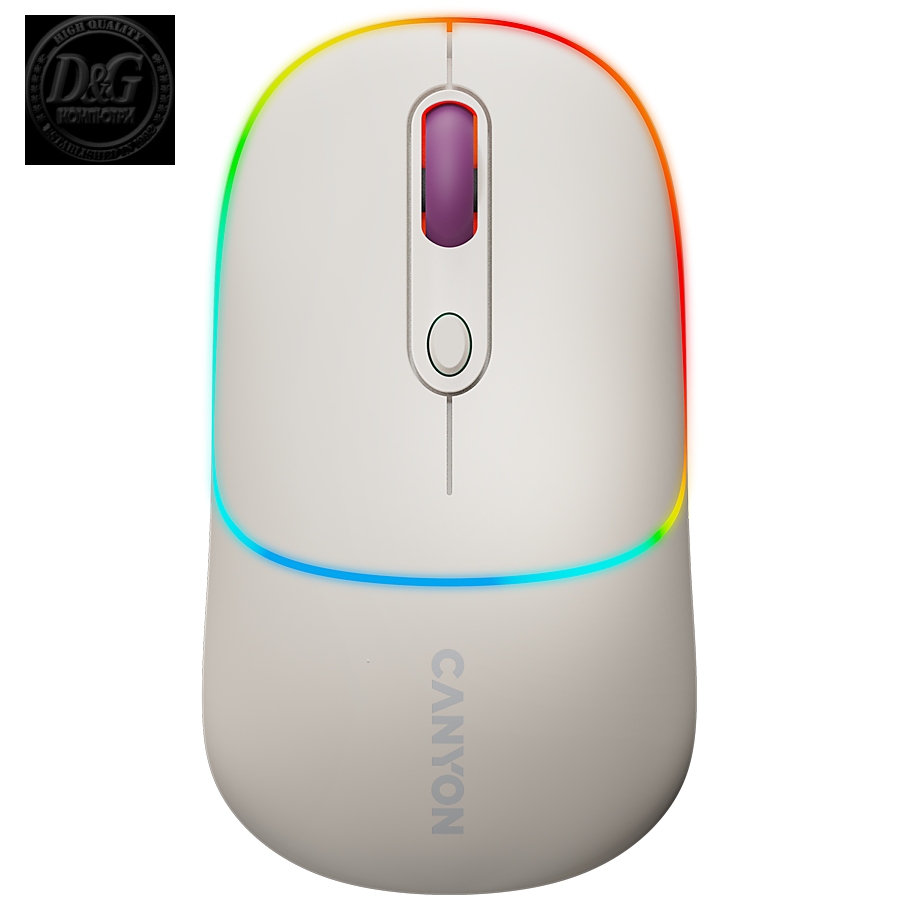 CANYON MW-22, 2 in 1 Wireless optical mouse with 4 buttons, DPI 800/1200/1600, 2 mode(BT/ 2.4GHz), 650mAh Li-poly battery, RGB backlight, Rice, cable length 0.8m, 110*62*34.2mm, 0.085kg