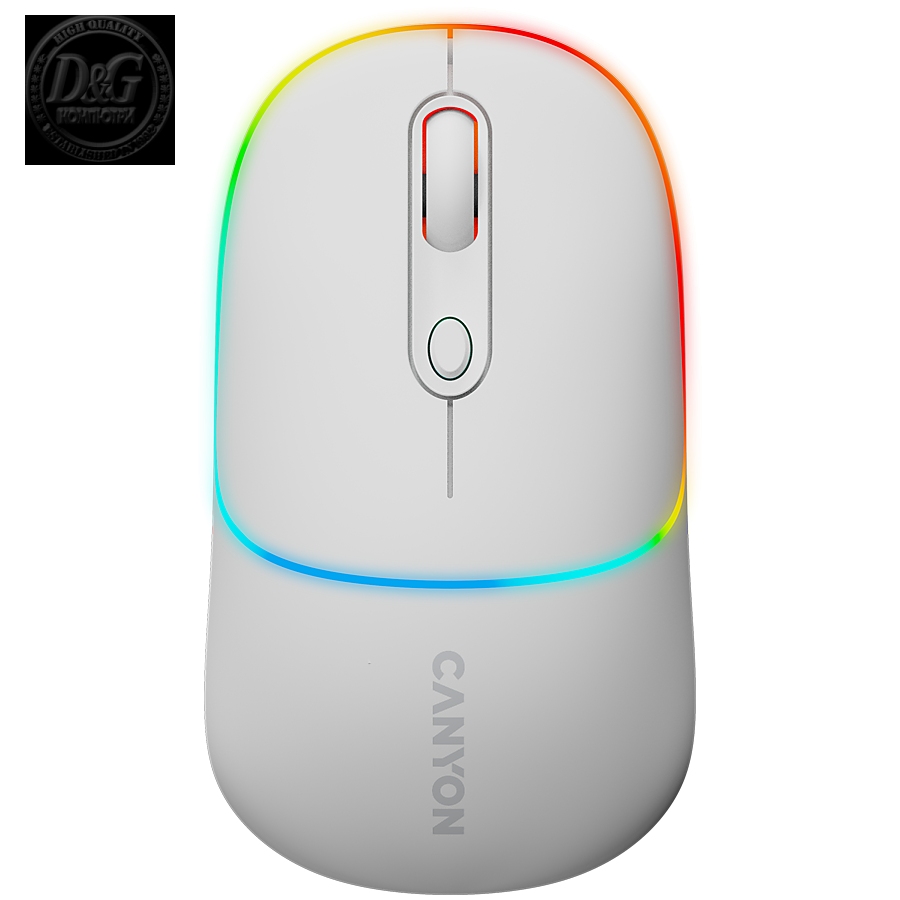 CANYON MW-22, 2 in 1 Wireless optical mouse with 4 buttons, DPI 800/1200/1600, 2 mode(BT/ 2.4GHz), 650mAh Li-poly battery, RGB backlight, Snow white, cable length 0.8m, 110*62*34.2mm, 0.085kg