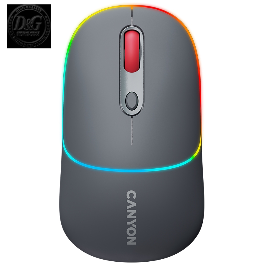 CANYON MW-22, 2 in 1 Wireless optical mouse with 4 buttons, DPI 800/1200/1600, 2 mode(BT/ 2.4GHz), 650mAh Li-poly battery, RGB backlight, Dark grey, cable length 0.8m, 110*62*34.2mm, 0.085kg