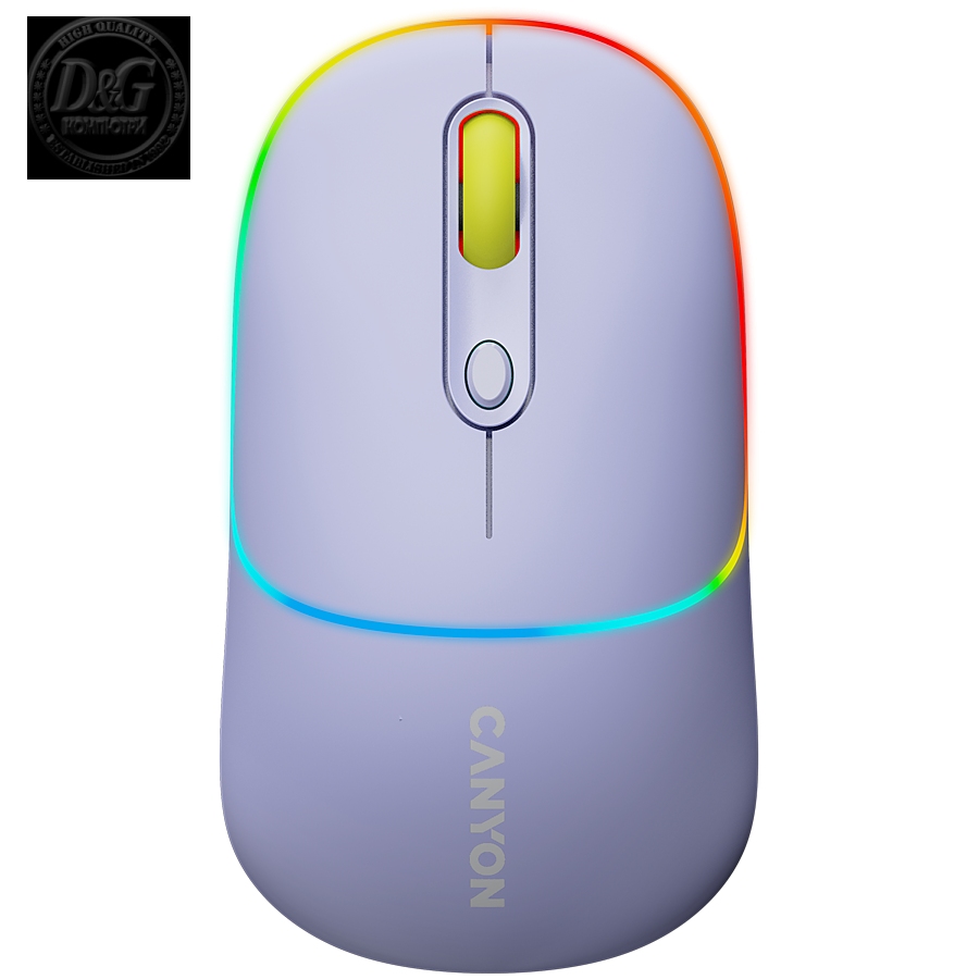 CANYON MW-22, 2 in 1 Wireless optical mouse with 4 buttons, DPI 800/1200/1600, 2 mode(BT/ 2.4GHz), 650mAh Li-poly battery, RGB backlight, Mountain lavender, cable length 0.8m, 110*62*34.2mm, 0.085kg