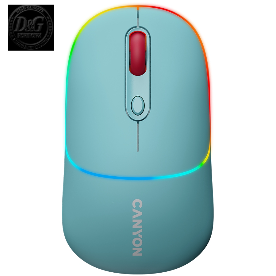 CANYON MW-22, 2 in 1 Wireless optical mouse with 4 buttons, DPI 800/1200/1600, 2 mode(BT/ 2.4GHz), 650mAh Li-poly battery, RGB backlight, Dark cyan, cable length 0.8m, 110*62*34.2mm, 0.085kg