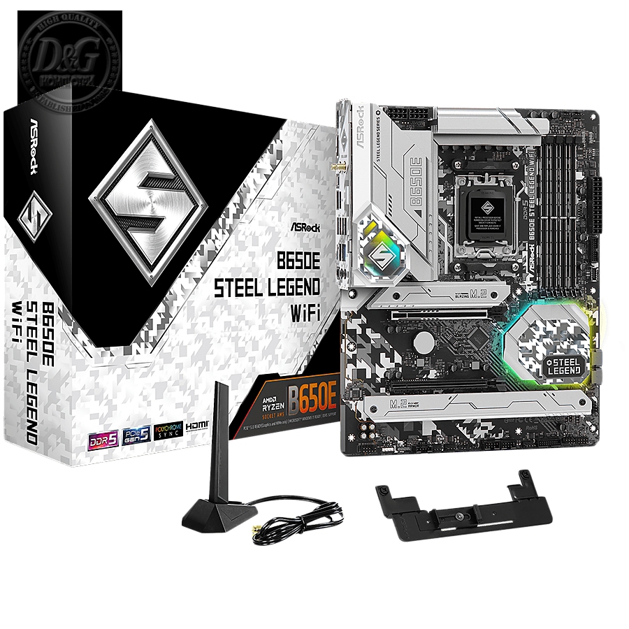 ASROCK MB Desktop B650E Steel Legend, AM5, 4x DDR5, 1x PCIe 5.0 x16, 1x PCIe 3.0 x16, 1x Blazing M.2(PCIe Gen5x4), 2x Hyper M.2(PCIe Gen4x4), 2x SATA3 6.0 Gb/s, 7.1 CH HD Audio, 1x HDMI, 1x DisplayPort, 2.5G LAN, 802.11ax Wi-Fi 6E + Bluetooth