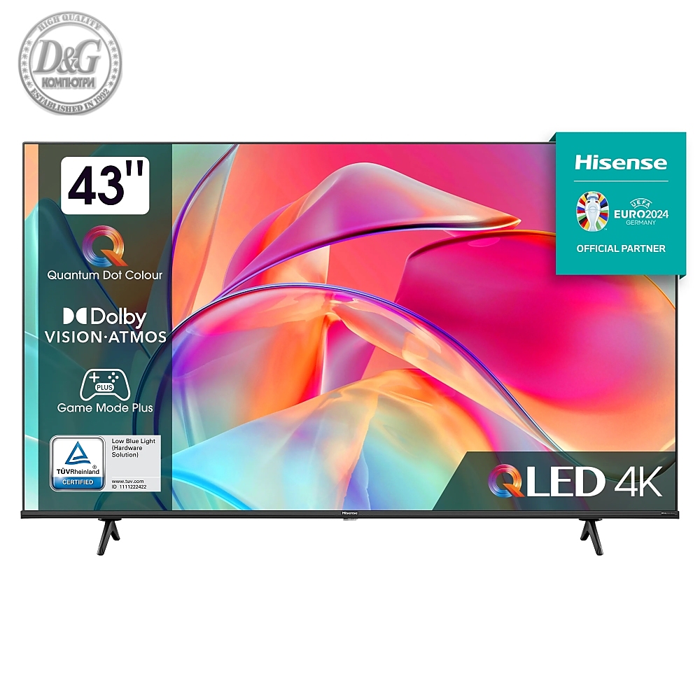 Hisense 43" E7KQ, 4K Ultra HD 3840x2160, QLED, Quantum Dot, HDR 10+, HLG, Dolby Vision, DTS Virtual X, Smart TV, WiFi 5GHz, WiFi Direct, BT, Anyview Cast, 3xHDMI, 2xUSB, LAN, CI+, DVB-T2/C/S2, Black