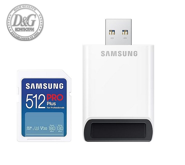 Samsung 512GB SD PRO Plus + USB Reader, Class10, Read 180MB/s - Write 130MB/s