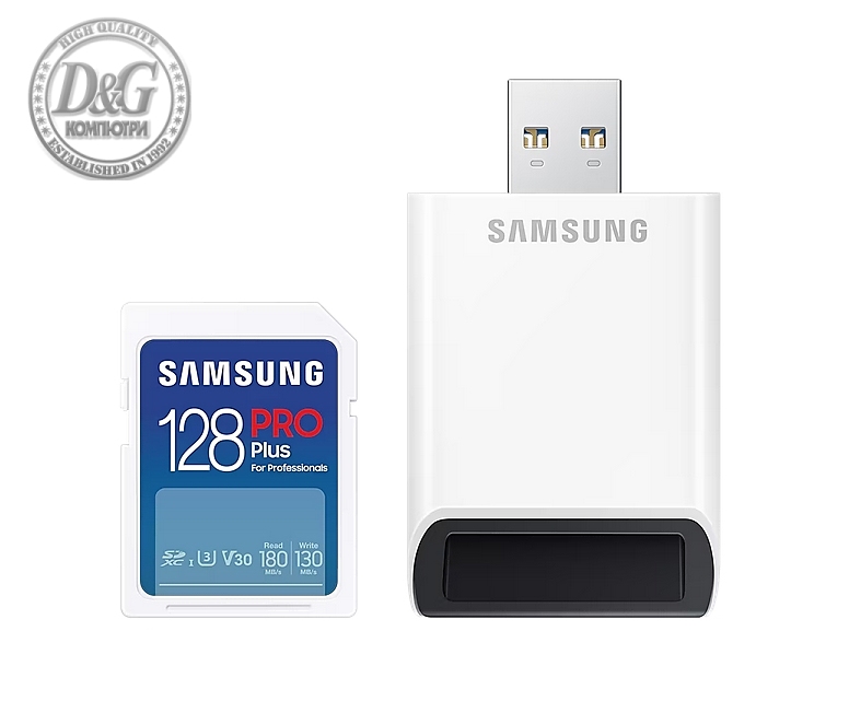 Samsung 128GB SD Card PRO Plus with USB Reader, Class10, Read 180MB/s - Write 130MB/s