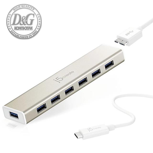 Хъб 7-портов J5 Create USB-C JCH377, USB 3.0, 1:7, Бял