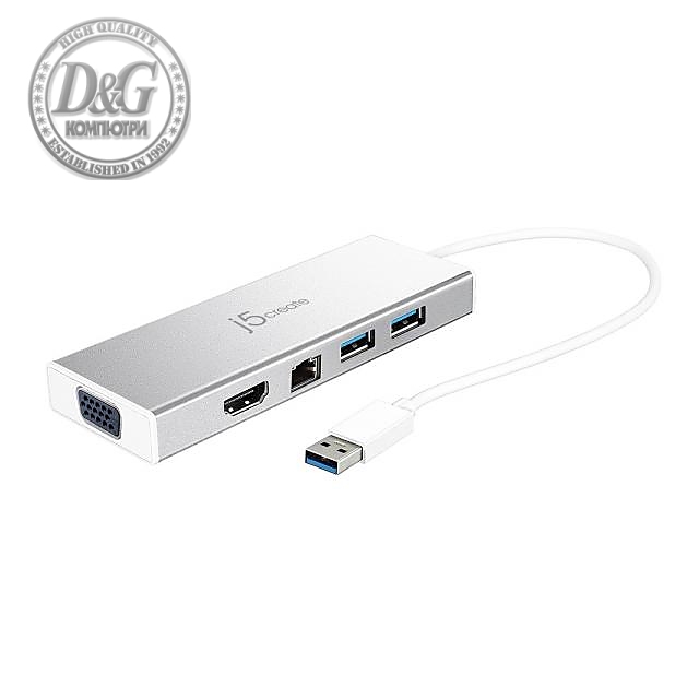 6-портов хъб j5create Mini Dock JUD380, USB 3.0, Gigabit Ethernet, HDMI, VGA, USB-B, Бял