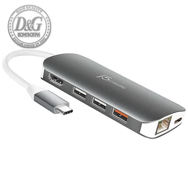 8-портов хъб j5create Mini Dock JCD383, USB, HDMI, Ethernet, SD, microSD