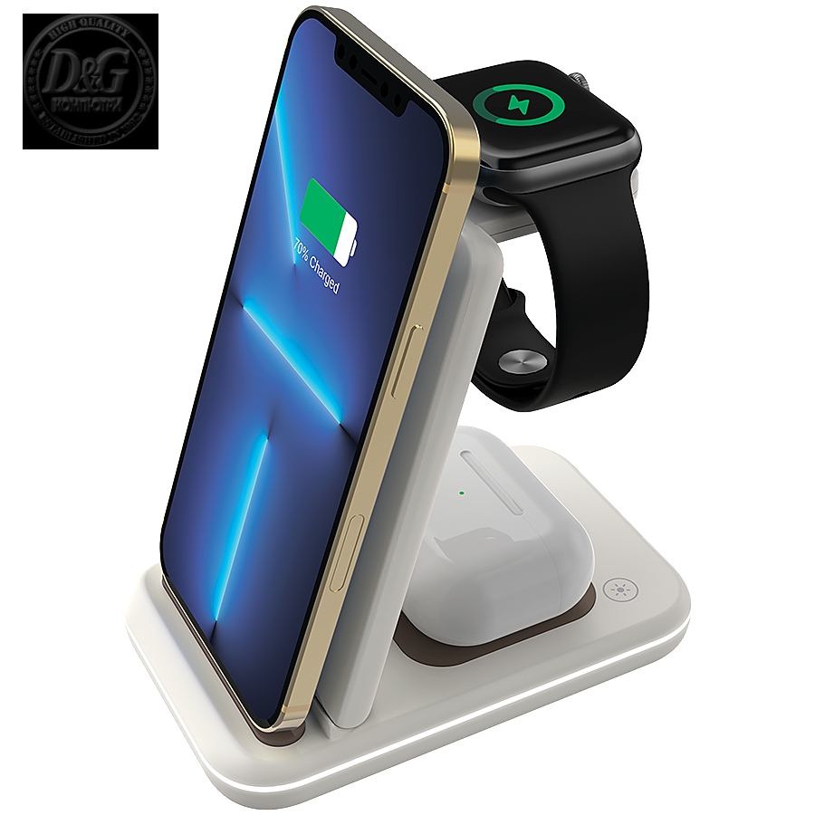 CANYON WS-304,  Foldable  3in1 Wireless charger, with touch button for Running water light, Input 9V/2A,  12V/1.5AOutput 15W/10W/7.5W/5W, Type c to USB-A cable length 1.2m, with QC18W EU plug,132.51*75*28.58mm, 0.168Kg, Cosmic Latte