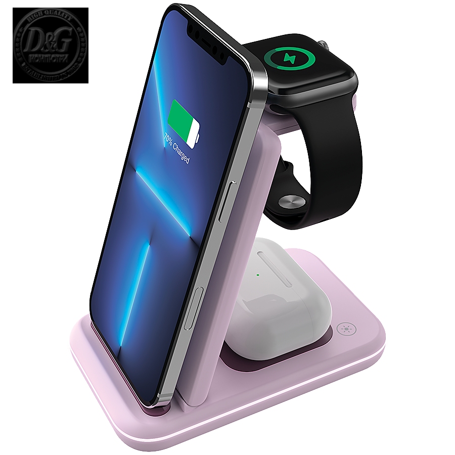 CANYON WS-304,  Foldable  3in1 Wireless charger, with touch button for Running water light, Input 9V/2A,  12V/1.5AOutput 15W/10W/7.5W/5W, Type c to USB-A cable length 1.2m, with QC18W EU plug,132.51*75*28.58mm, 0.168Kg, Iced Pink