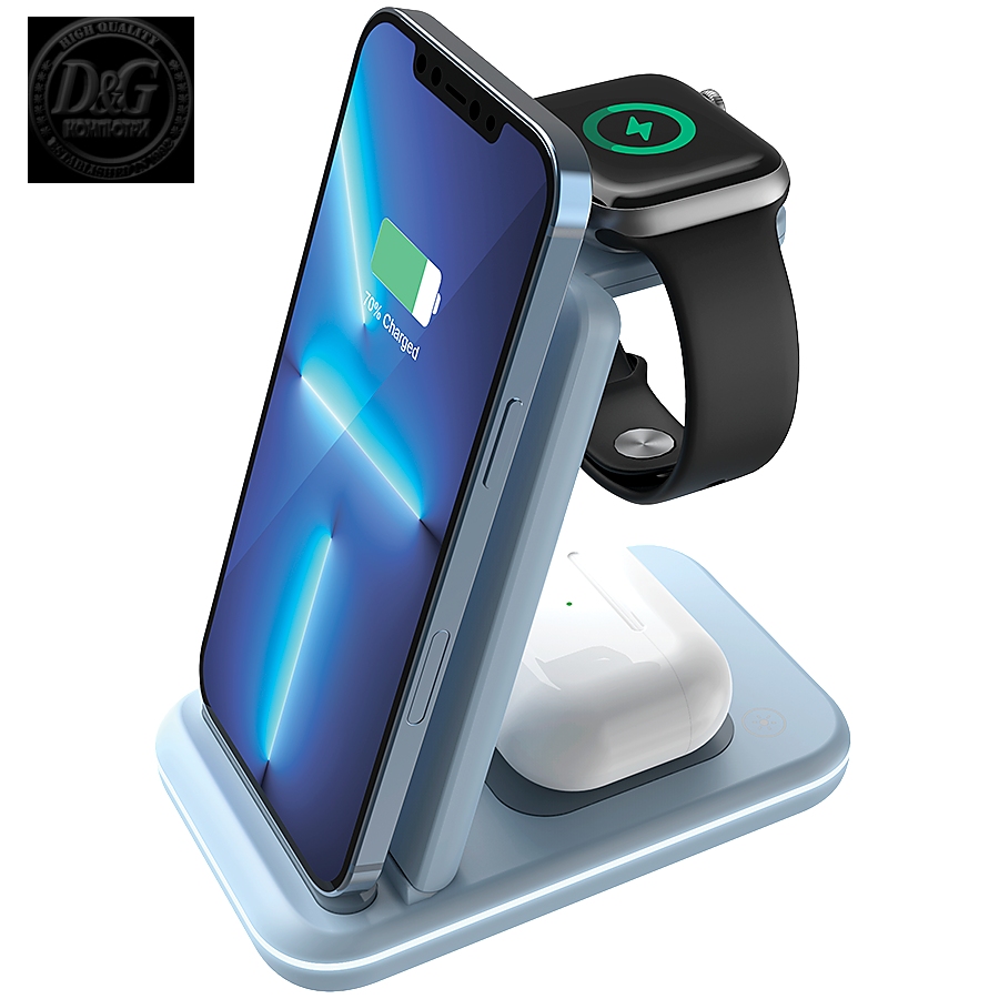 CANYON WS-304, Foldable  3in1 Wireless charger, with touch button for Running water light, Input 9V/2A,  12V/1.5AOutput 15W/10W/7.5W/5W, Type c to USB-A cable length 1.2m, with QC18W EU plug,132.51*75*28.58mm, 0.168Kg,Blue