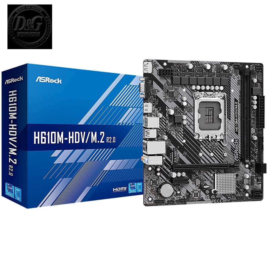 ASROCK Main Board Desktop H610M-HDV/M.2 (S1700, 2x DDR4, 1x PCIe 4.0 x16, 1x PCIe 3.0 x1, 4x SATA3 6.0Gb/s, 1x m.2 PCIe, 4x USB 3.2, 6x USB 2.0, 1x Com port header, 1x VGA, 1x HDMI, 1x DP 1.4, 1x GLAN, mATX) Retail