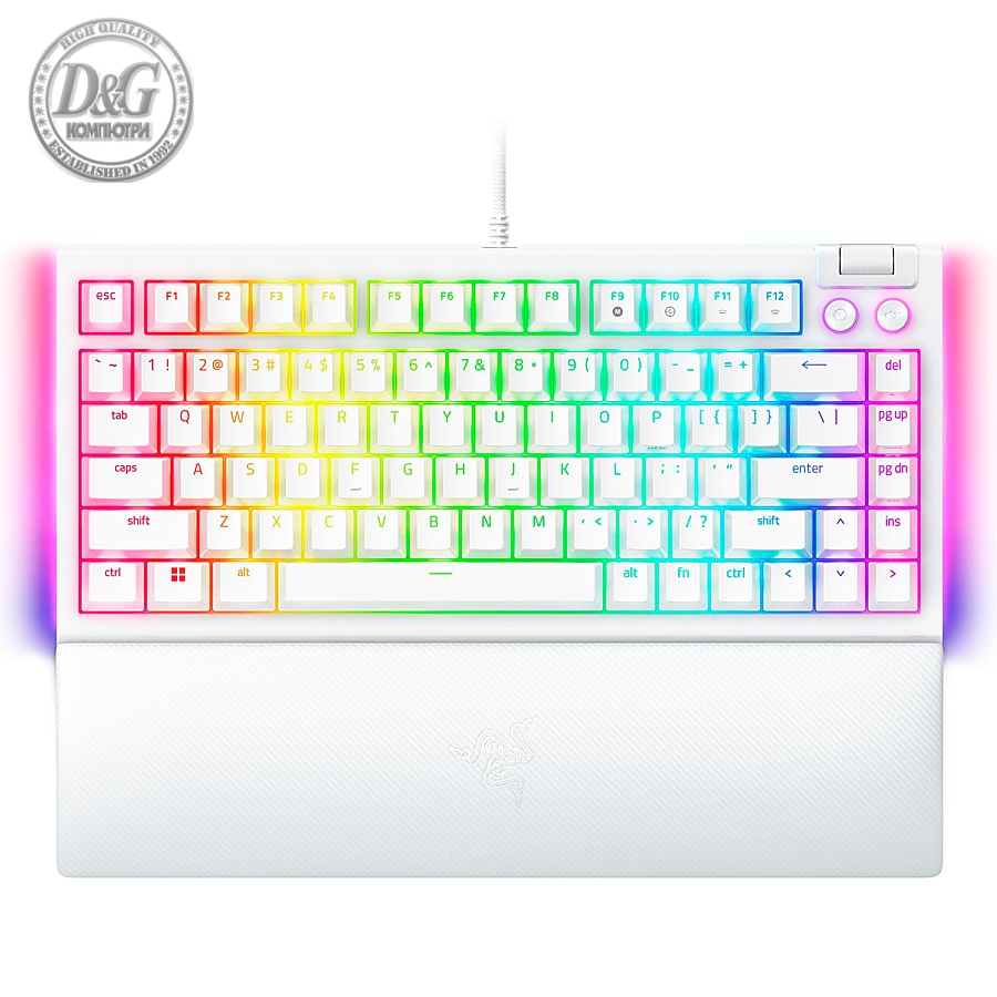 Razer BlackWidow V4 75% White, Gaming Keyboard, US Layout, Hot-swappable Design, Compact 75% Layout with Aluminum Case,  Mechanical Switches (Tactile), Razer Chroma RGB, Dedicated media roller with 2 dedicated media buttons, Detachable Type C Cable