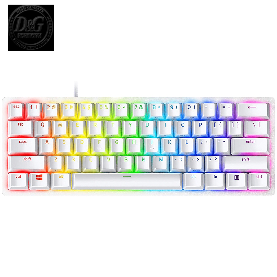 Razer Huntsman Mini White, Linear Optical Switch, size 60%, RGB Chroma, Doubleshot PBT Keycaps, Standard Bottom Row Layout, Fully programmable keys with on-the-fly macro recording, 1000 Hz Ultrapolling, Aluminum construction