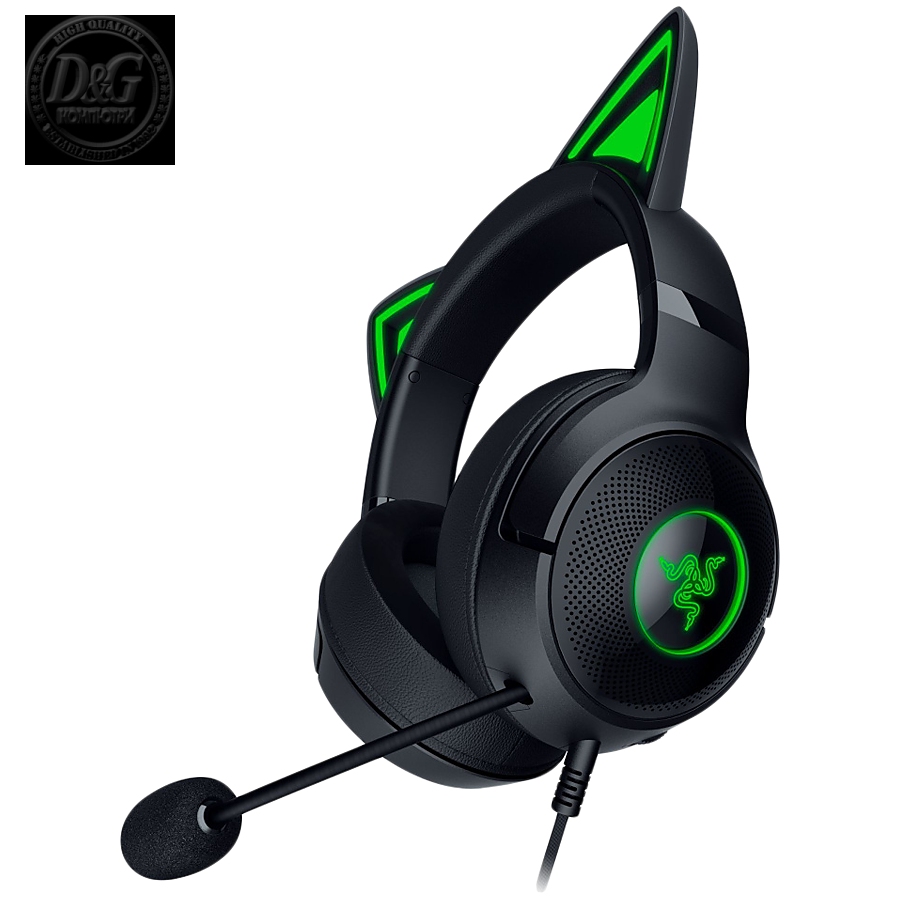 Kraken Kitty V2 - Black, Gaming headset, Kitty Ears, Stream Reactive Lighting, HyperClear Cardioid Mic, 40 mm TriForce Drivers, Built into the earcups microphone, Razer Chroma RGB (Ear and Earcups), Surround sound: Only available on Windows 10 64-bit