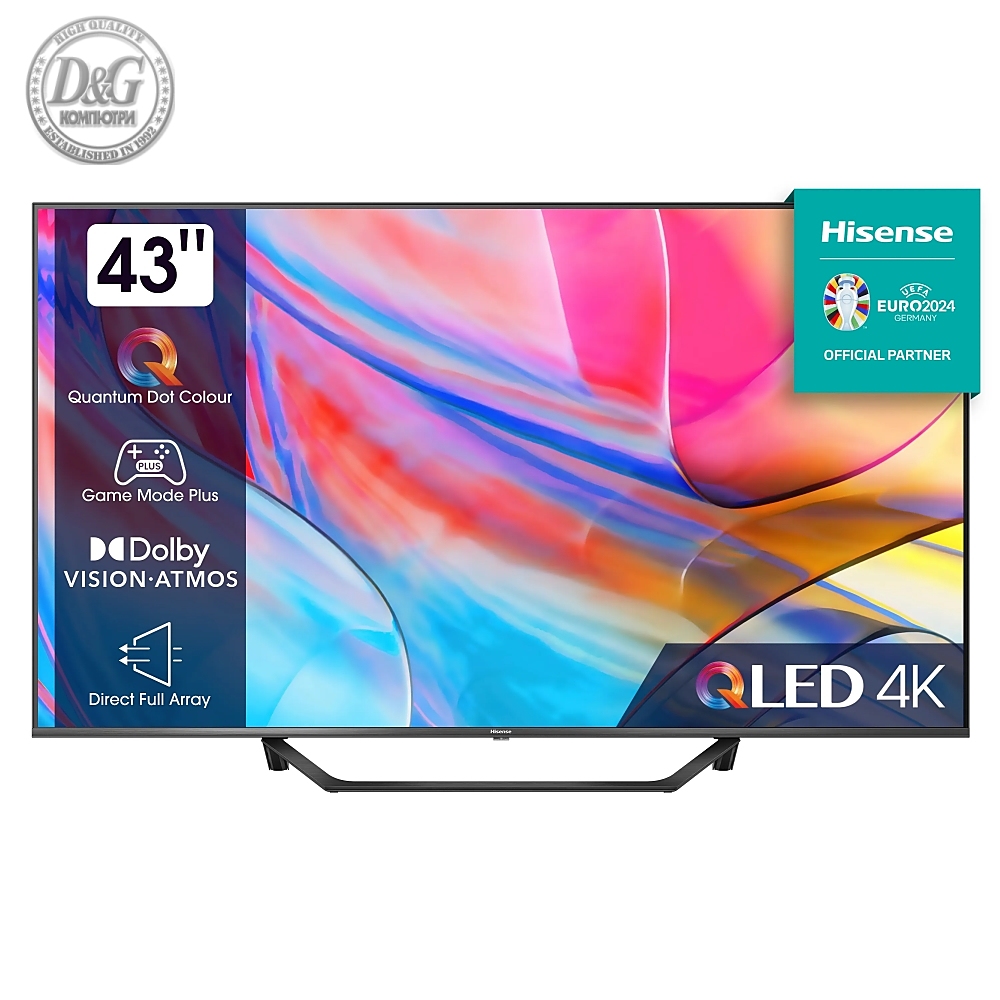 Hisense 43" A7KQ, 4K Ultra HD 3840x2160, QLED, FALD, Quantum Dot, HDR 10+, HLG, Dolby Vision, Dolby Atmos, Smart TV, WiFi 5GHz, WiFi Direct, BT, Anyview Cast, 3xHDMI, 2xUSB, LAN, CI+, DVB-T2/C/S2, Dark Grey