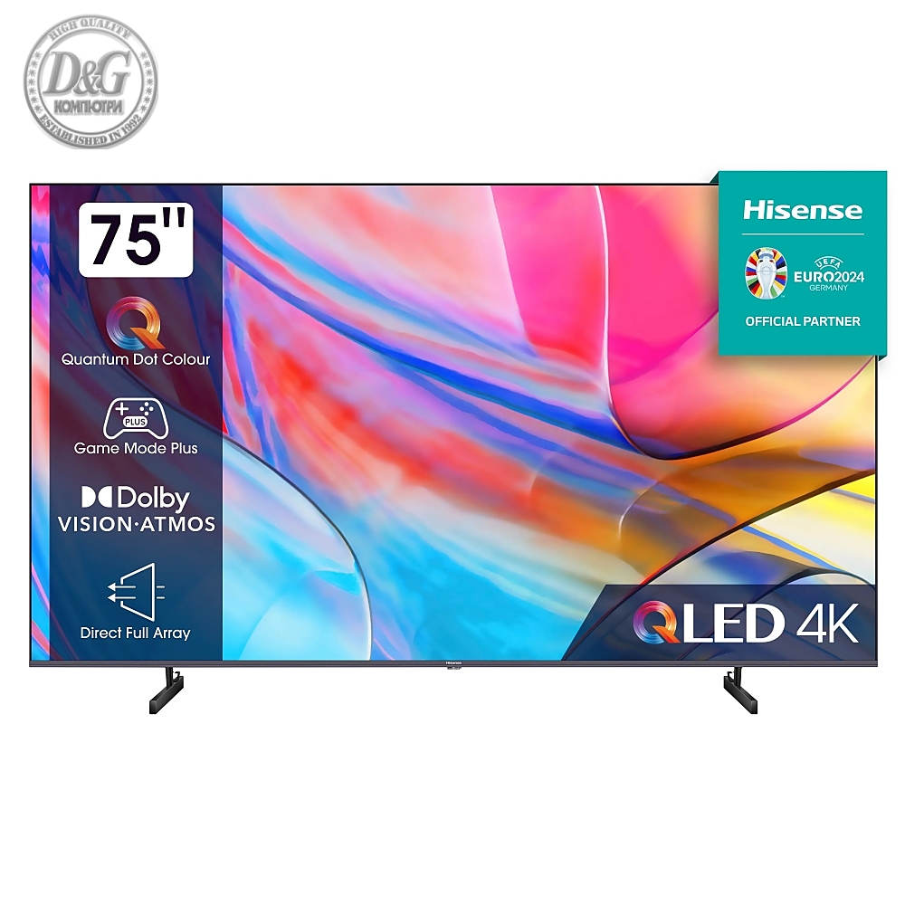 Hisense 75" A7KQ, 4K Ultra HD 3840x2160, QLED, FALD, Quantum Dot, HDR 10+, HLG, Dolby Vision, Dolby Atmos, Smart TV, WiFi 5GHz, WiFi Direct, BT, Anyview Cast, 3xHDMI, 2xUSB, LAN, CI+, DVB-T2/C/S2, Dark Grey