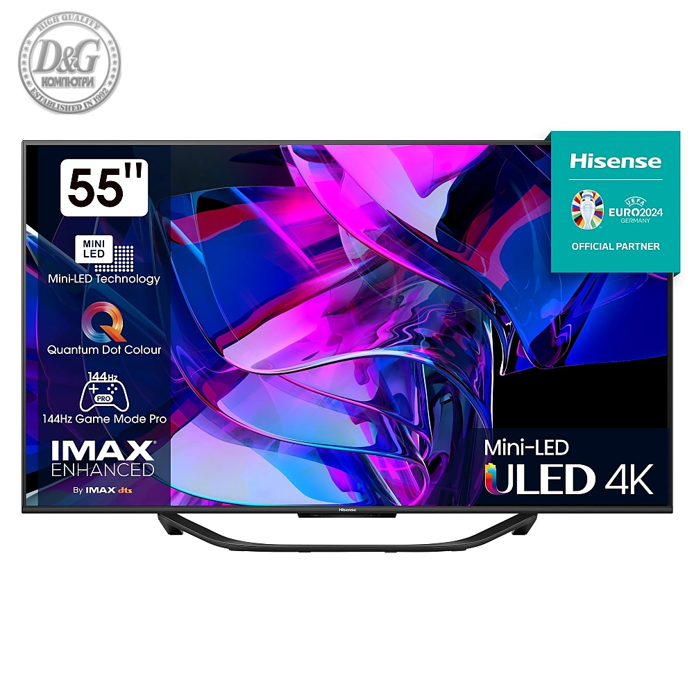 Hisense 55" U7KQ, 4K Ultra HD 3840x2160, ULED, FALD, Quantum Dot, 144Hz, IPS, HDR 10+, HLG, Dolby Vision IQ, Dolby Atmos, Smart TV, WiFi 5GHz, WiFi Direct, BT, Anyview Cast, 4xHDMI, 2xUSB, LAN, CI+, DVB-T2/C/S2, Black